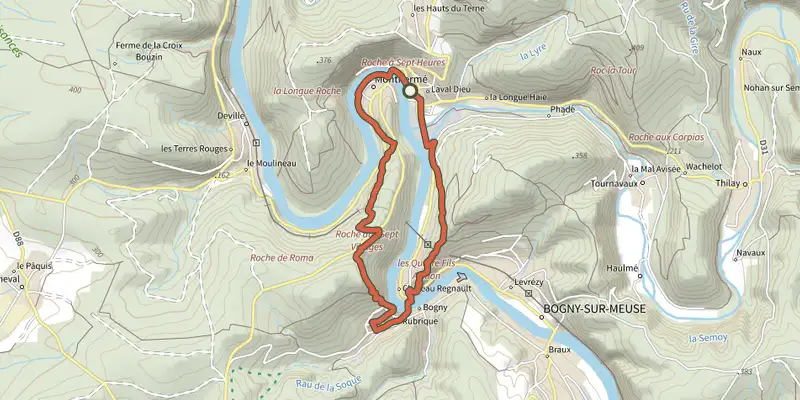 Map of the La Boucle des Sept-Roches track on the IGN map, with the start and numbered waypoints