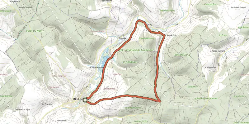 Map of the Les Bois de Néparcy track on the IGN map, with the start and numbered waypoints