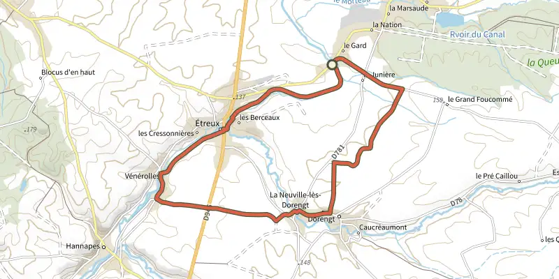 Map of the Le Canal track on OpenTopoMap, with the start and numbered waypoints