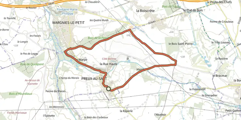 Map of the Balade en Pays de Mormal track on the IGN map, with the start and numbered waypoints