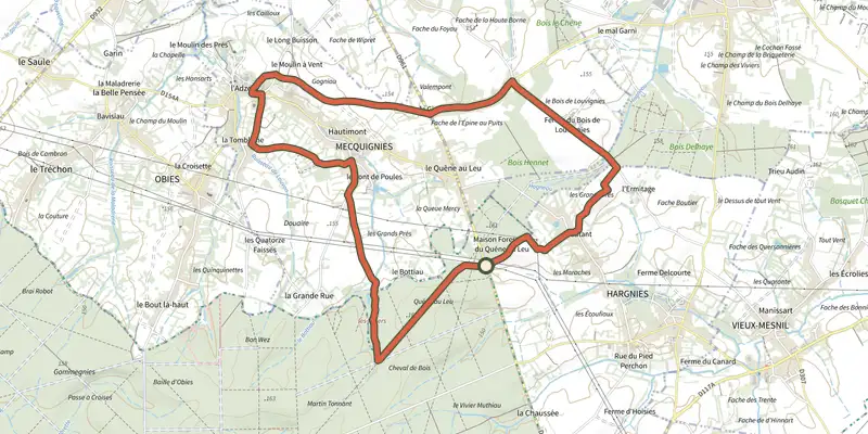 Carte du tracé de Circuit des Sabotiers sur le Plan IGN, départ et points de passage numérotés