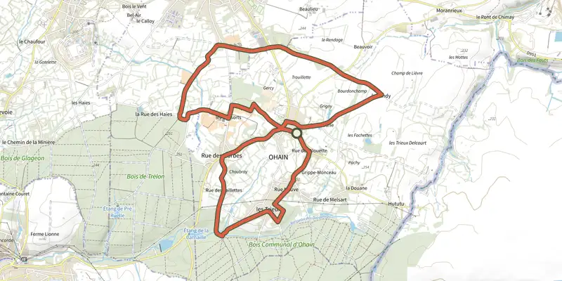 Carte du tracé de Les Chapelles et Les Ailles sur le Plan IGN, départ et points de passage numérotés