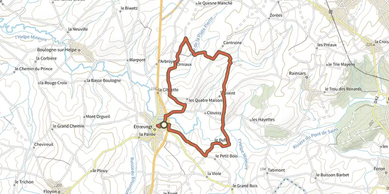 Carte du tracé de Sentier du Buffle sur le Plan IGN, départ et points de passage numérotés