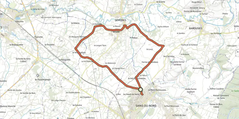 Map of the Le Vert Buisson et Brode track on the IGN map, with the start and numbered waypoints