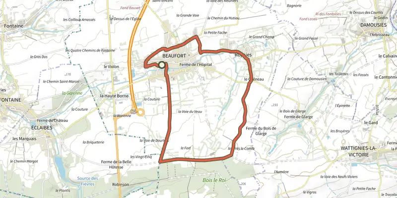 Carte du tracé de Le Chemin d'Avesnes sur le Plan IGN, départ et points de passage numérotés