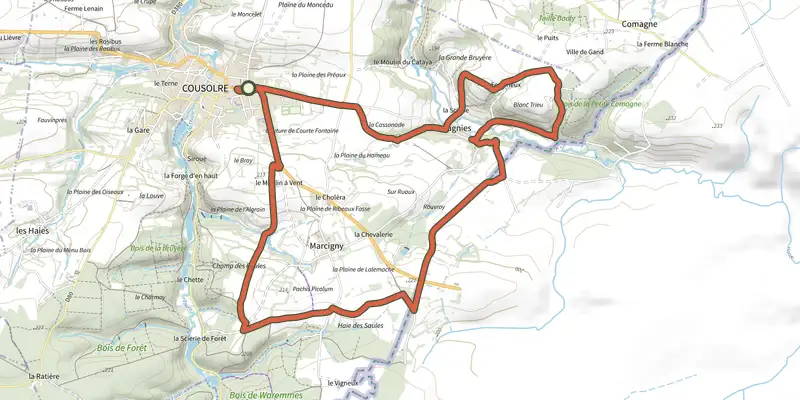 Map of the Chemin des Larrons track on OpenTopoMap, with the start and numbered waypoints