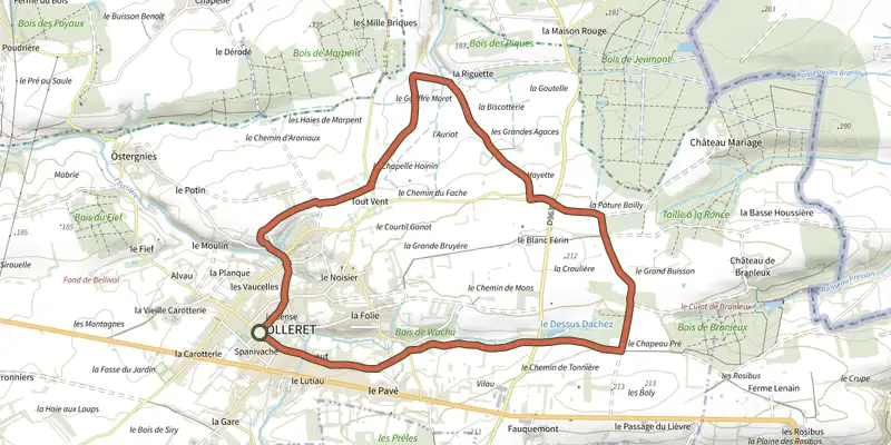 Map of the Circuit de l'Escrière track on OpenTopoMap, with the start and numbered waypoints
