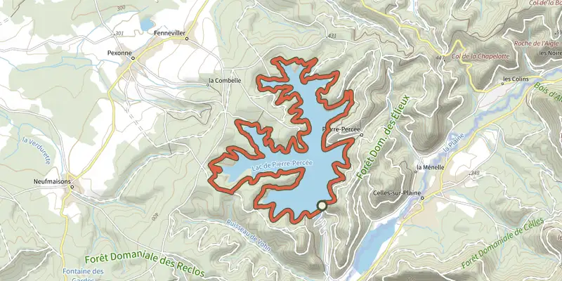 Carte du tracé de Tour du lac de Pierre-Percée sur le Plan IGN, départ et points de passage numérotés