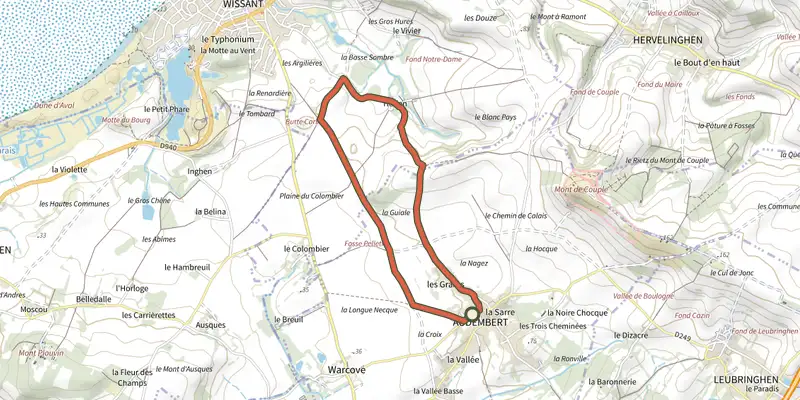 Map of the La Guiale track on OpenTopoMap, with the start and numbered waypoints