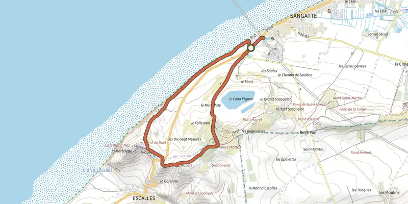 Map of the Les Hauts de Sangatte track on the IGN map, with the start and numbered waypoints