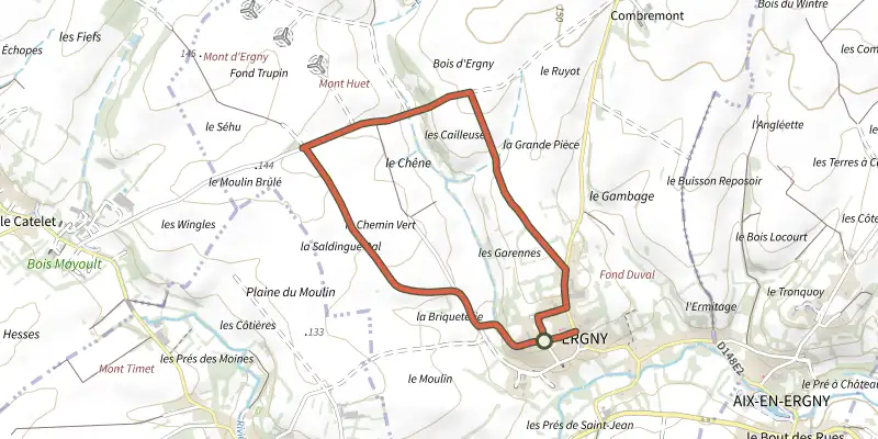 Map of the Les Cailleuses track on the IGN map, with the start and numbered waypoints