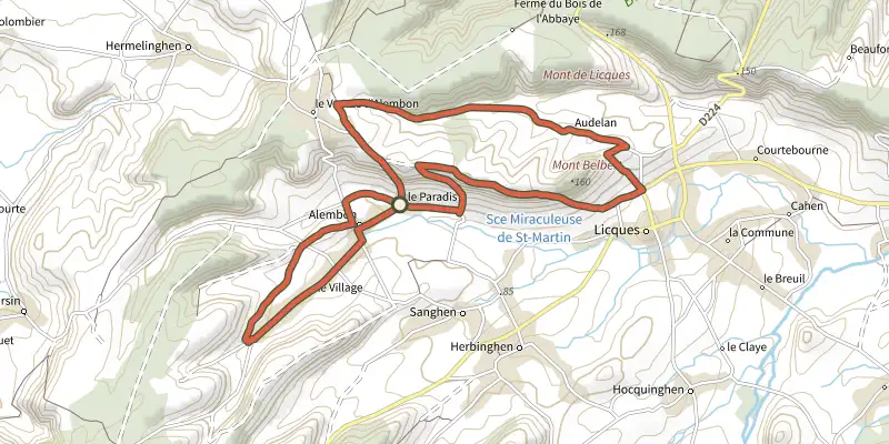 Map of the Sentier du Ventu track on the IGN map, with the start and numbered waypoints