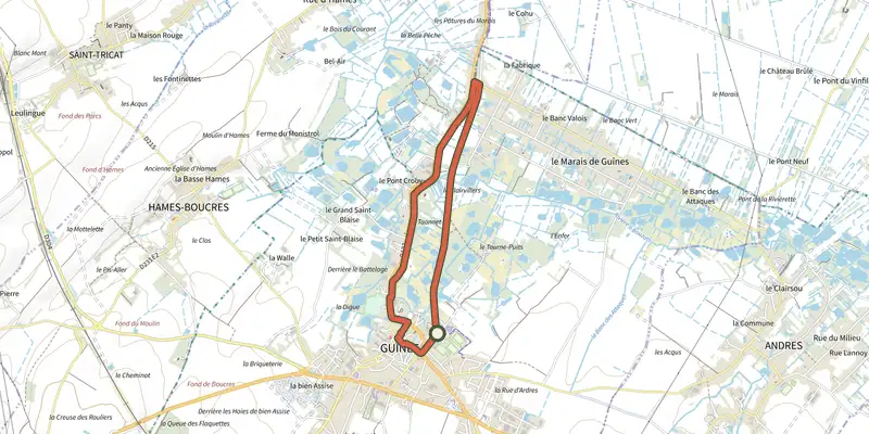 Map of the Sentier du Halage track on the IGN map, with the start and numbered waypoints
