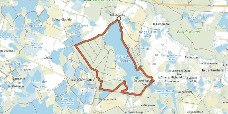Map of the Horizon de nénuphars track on the IGN map, with the start and numbered waypoints