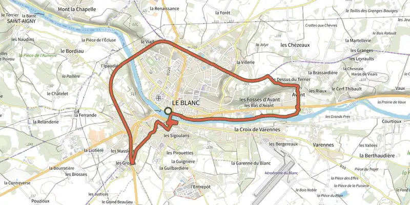 Carte du tracé de Chemin d'eau, chemin de fer sur le Plan IGN, départ et points de passage numérotés