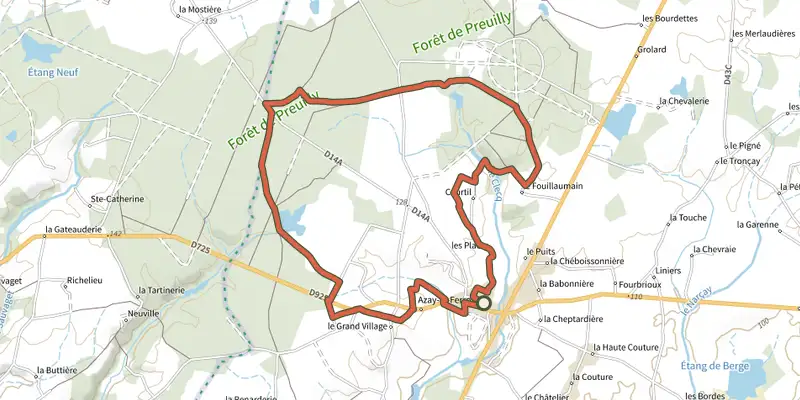 Carte du tracé de Du parc à la forêt sur le Plan IGN, départ et points de passage numérotés