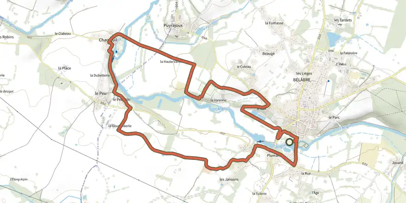 Carte du tracé de Les bords de l'Anglin sur OpenTopoMap, départ et points de passage numérotés