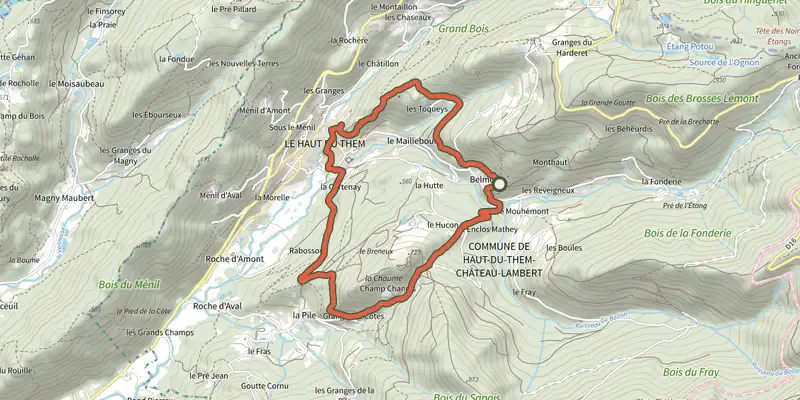 Map of the Tour de la Chaume track on the IGN map, with the start and numbered waypoints