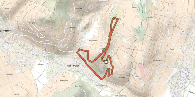 Map of the La Colline sèche du Strangenberg track on OpenTopoMap, with the start and numbered waypoints