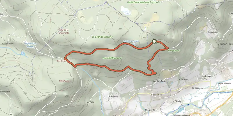 Map of the Circuit de la Fontaine Saint Augustin track on the IGN map, with the start and numbered waypoints