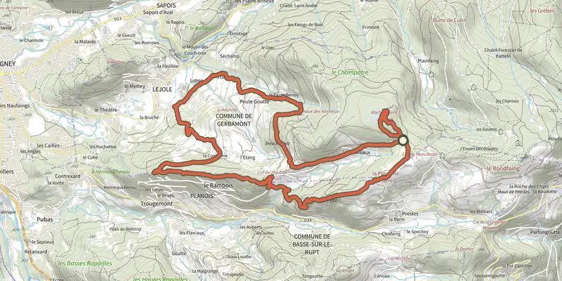 Map of the Les Plateaux track on the IGN map, with the start and numbered waypoints