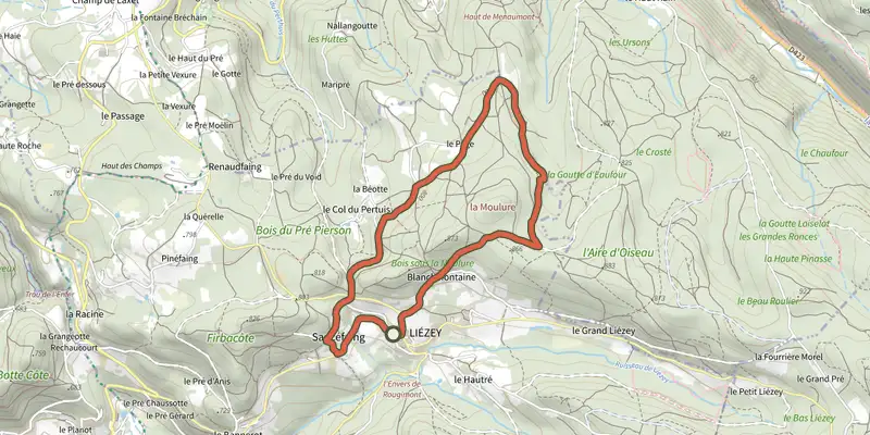 Map of the Les Croix le chemin de Liézey track on the IGN map, with the start and numbered waypoints