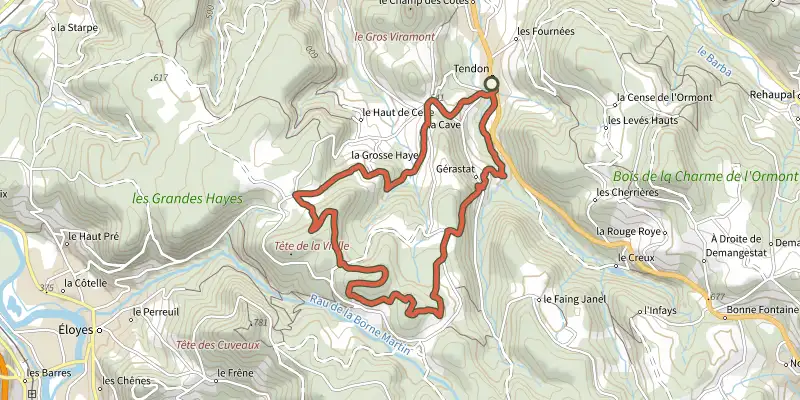 Map of the Circuit de la Tête de la Violle track on OpenTopoMap, with the start and numbered waypoints