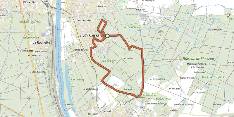 Map of the Livry track on the IGN map, with the start and numbered waypoints