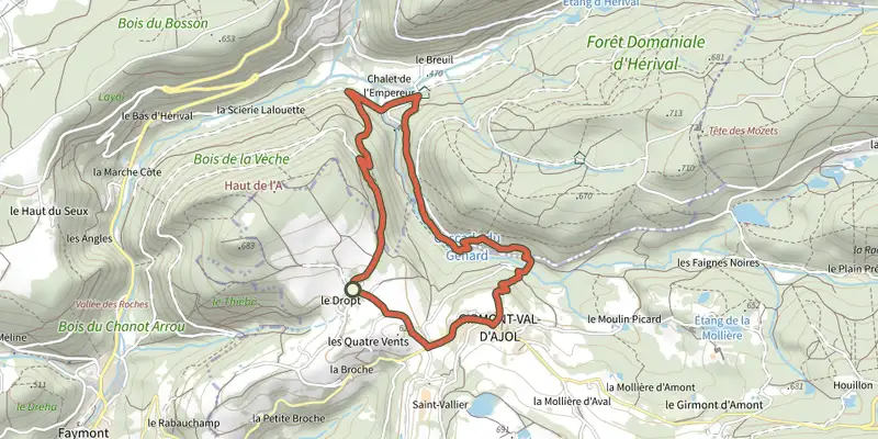 Carte du tracé de Le chemin de l'Empereur sur le Plan IGN, départ et points de passage numérotés