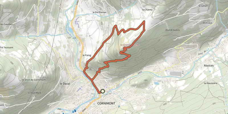 Map of the Chemin du 6e RTM track on the IGN map, with the start and numbered waypoints