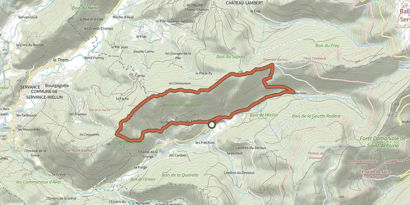 Map of the Le sentier de la Verrerie track on the IGN map, with the start and numbered waypoints
