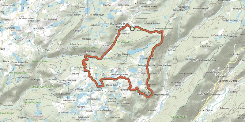 Map of the Les Étangs track on the IGN map, with the start and numbered waypoints