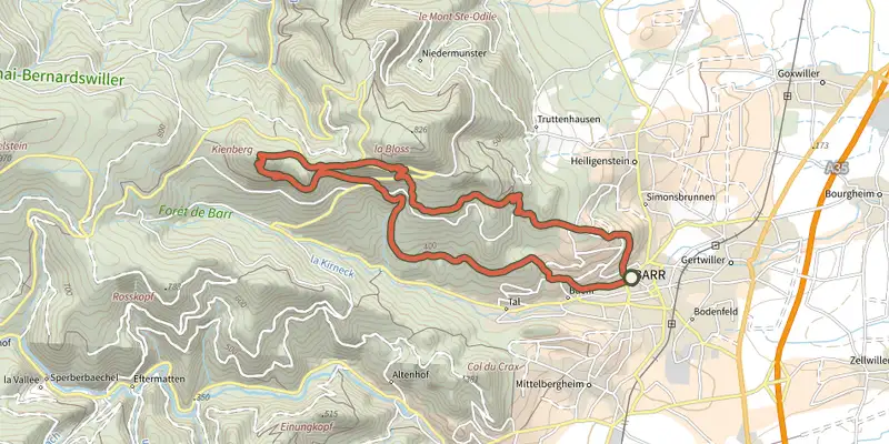 Map of the Sentier des chameaux track on the IGN map, with the start and numbered waypoints