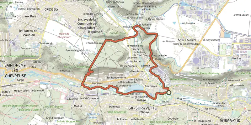 Map of the Entre ville et nature, Yvette et Mérantaise track on the IGN map, with the start and numbered waypoints