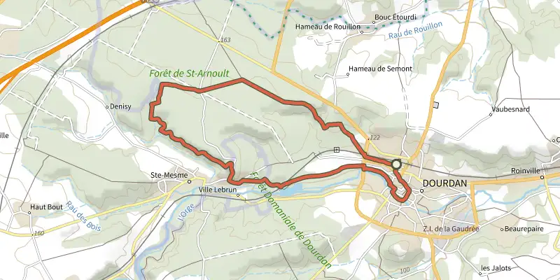 Carte du tracé de De la forêt de Dourdan à l'Orge sur le Plan IGN, départ et points de passage numérotés