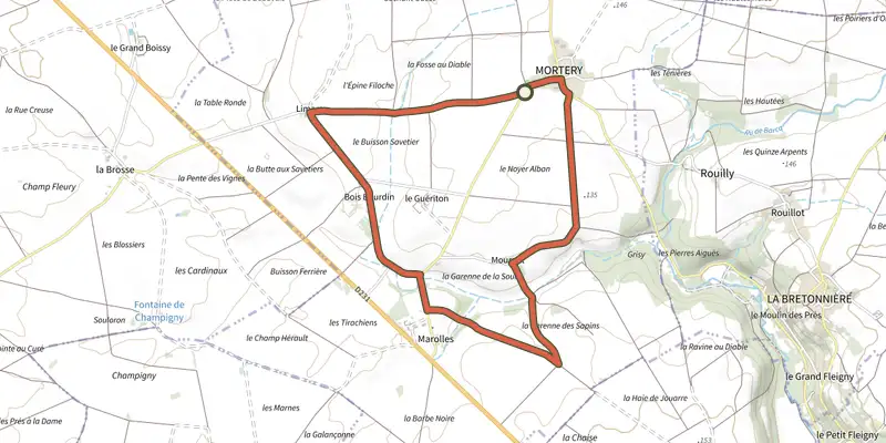 Map of the Sur les pas des lépreux track on OpenTopoMap, with the start and numbered waypoints