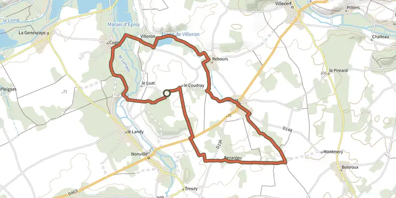 Carte du tracé de Basse vallée du Lunain sur le Plan IGN, départ et points de passage numérotés