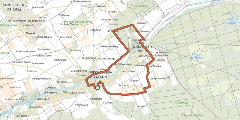 Map of the Château de Saumery track on the IGN map, with the start and numbered waypoints