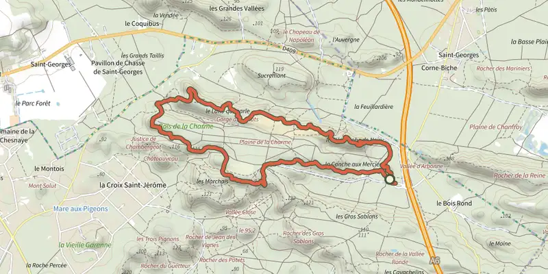 Map of the Sentier Denecourt-Colinet 16 track on the IGN map, with the start and numbered waypoints