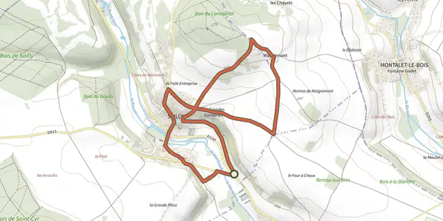 The Sentier du patrimoine de Sailly track on the IGN map