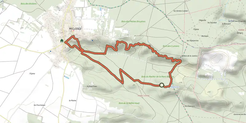 Map of the Sentier Denecourt-Colinet 20 track on the IGN map, with the start and numbered waypoints