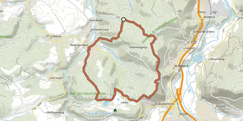 Carte du tracé de Sentier "Raon-Aux-Bois" sur OpenTopoMap, départ et points de passage numérotés