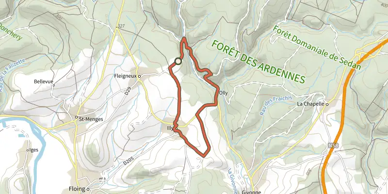 Map of the Sentier du Bois Talot track on the IGN map, with the start and numbered waypoints