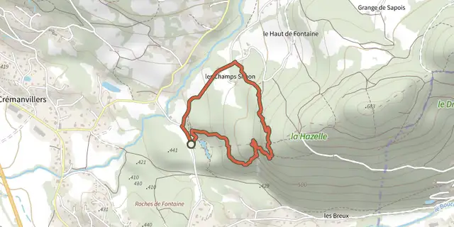 Tracé de Circuit des Balcons de la Hazelle par les Champs Simon sur le Plan IGN