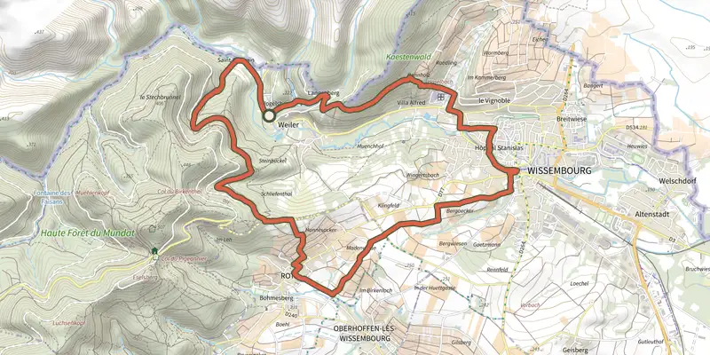 Carte du tracé de Anneau vert sur le Plan IGN, départ et points de passage numérotés
