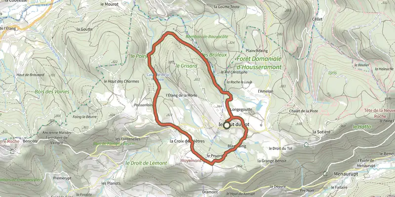Map of the Circuit du Grisard track on the IGN map, with the start and numbered waypoints