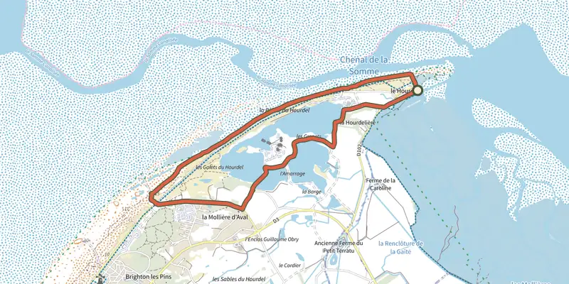 Carte du tracé de Le Hourdel sur OpenTopoMap, départ et points de passage numérotés