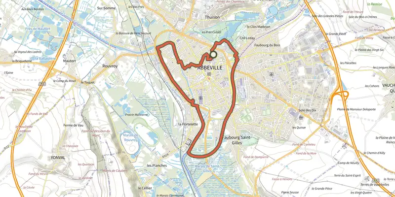 Carte du tracé de La Ronde de l'Eau sur OpenTopoMap, départ et points de passage numérotés