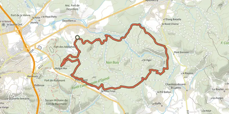 Map of the Circuit des Grands Bois track on OpenTopoMap, with the start and numbered waypoints