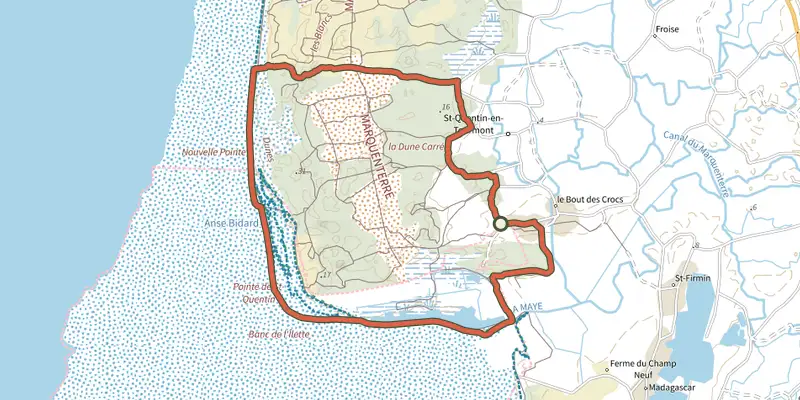 Carte du tracé de Les Crocs sur le Plan IGN, départ et points de passage numérotés